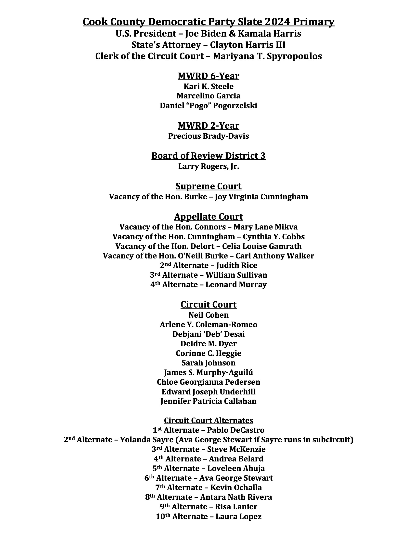 2024 Slated Candidates Cook County Democratic Party